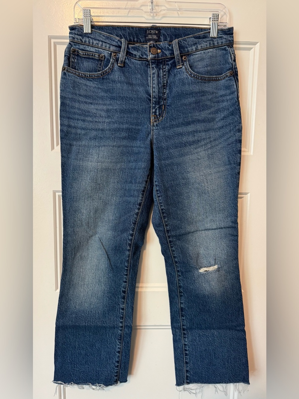 J.Crew Mid-Rise Flare Crop Jeans Size 27 Raw Hem Distressed Stretch Denim